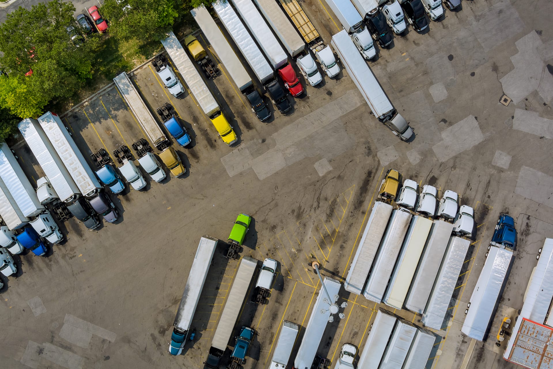 Aerial view of truck fleet parking lot